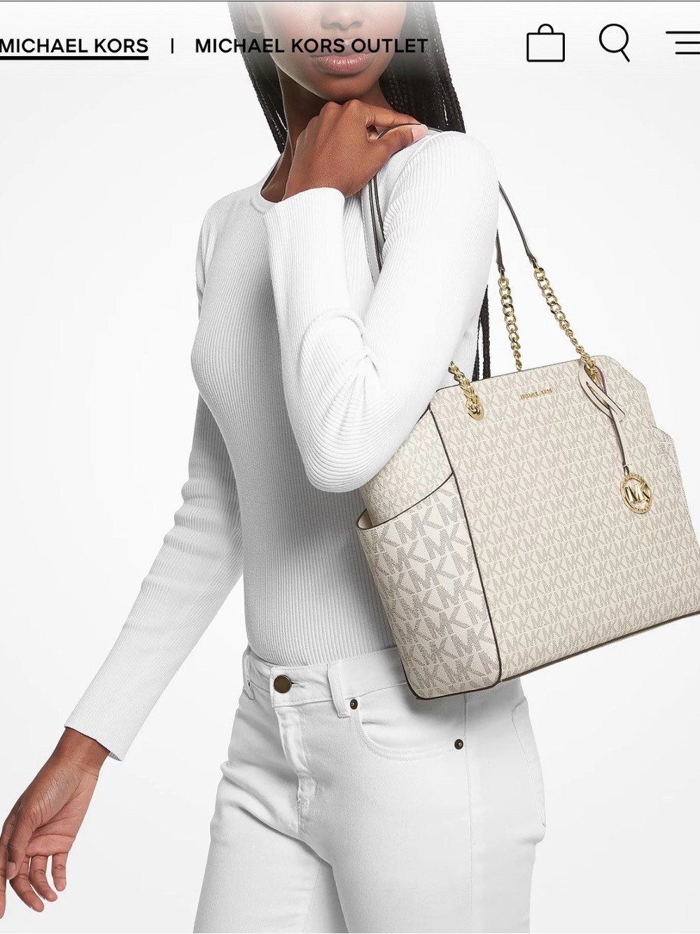 Michael Kors Beige/Vanilla Signature MK Chain-Handle Tote -Jacquelyn Jet Medium